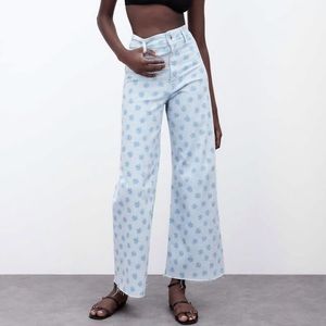Zara Light Blue Patterned Wide-Leg Jeans